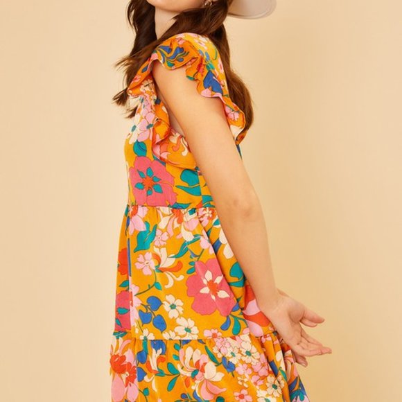 Orange Floral Print Tiered Dress - Picture 2 of 4